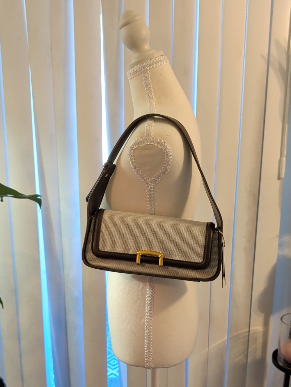 Miztique Classic Neutral Canvas and Brown Faux Leather Shoulder Bag